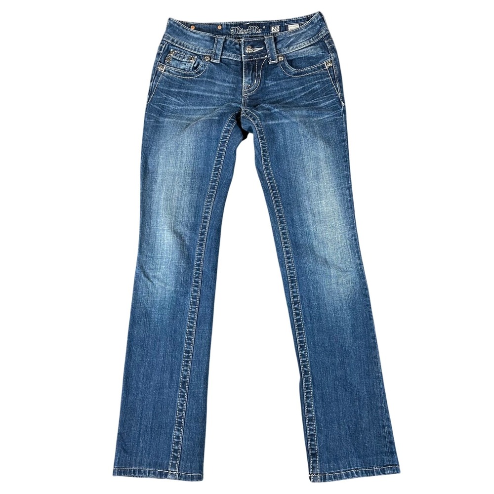 Miss Me‎ Straight Leg Jeans 26 Fits 30x31 Medium Wash Fleur De Lis Studded Y2K